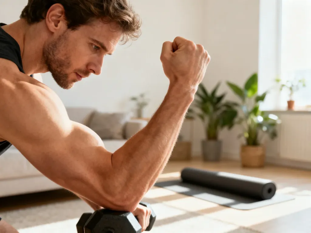 Mężczyzna wykonuje ćwiczenie na biceps z wykorzystaniem ciężaru własnego ciała w domowym salonie.