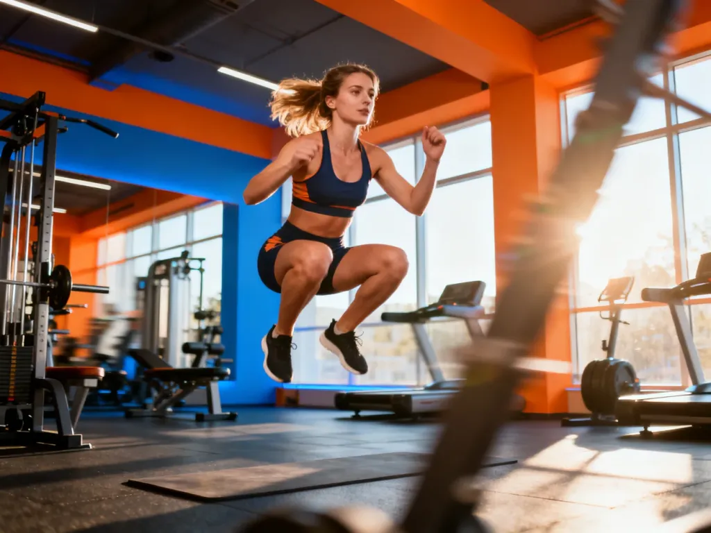 Wysportowana kobieta wykonująca dynamiczny przysiad z wyskokiem w nowoczesnej siłowni podczas intensywnego treningu cardio.