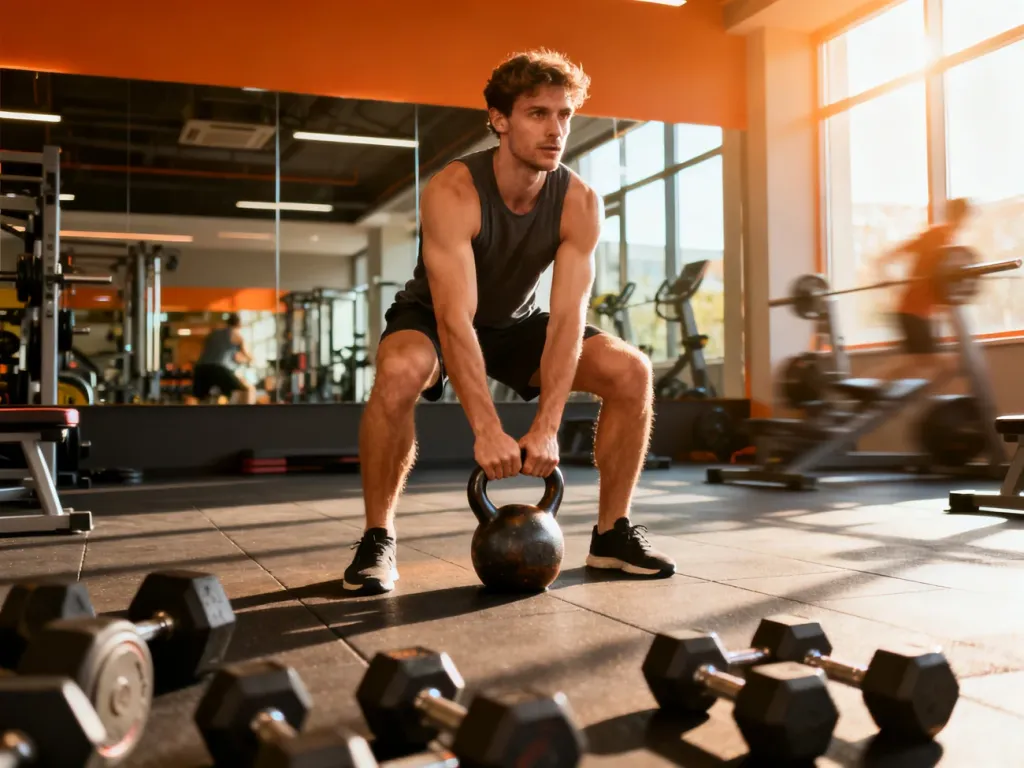 Mężczyzna wykonuje intensywny trening obwodowy z kettlebellami w nowoczesnej siłowni.