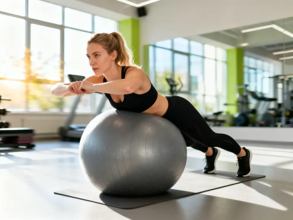 Kobieta wykonuje ćwiczenia wzmacniające mięśnie brzucha na szarej piłce gimnastycznej w nowoczesnym studio fitness.