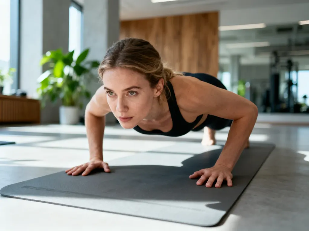 Kobieta w profesjonalnej pozycji deski na macie do jogi w nowoczesnym studio fitness.